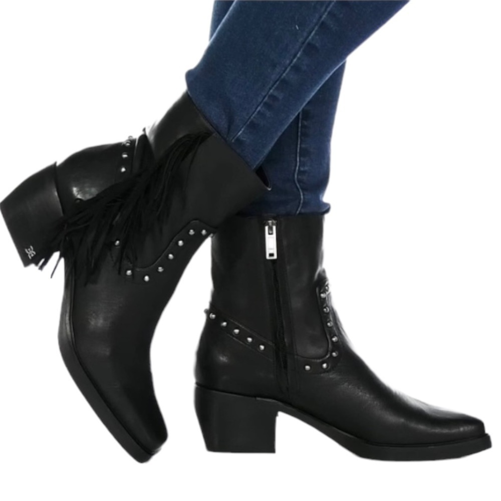 Sam Edelman Bernie Leather Fringe Studded Black‎ Booties Size 6 Women